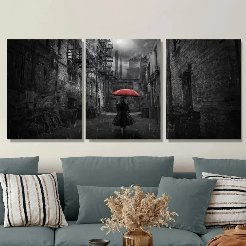 3pcs Red Umbrella Modern Black & White Metal Print Ready to Hang Art