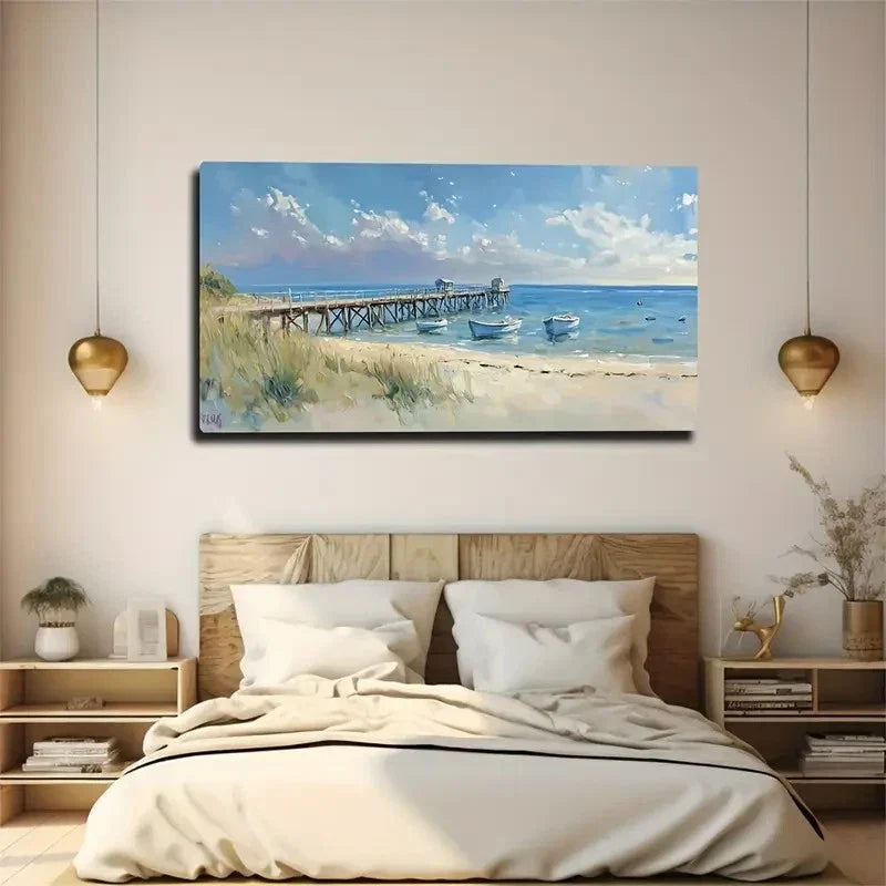 Coastal Wooden Dock & Boat Wall Art Canvas Office Home Room Framed 120x60cm
