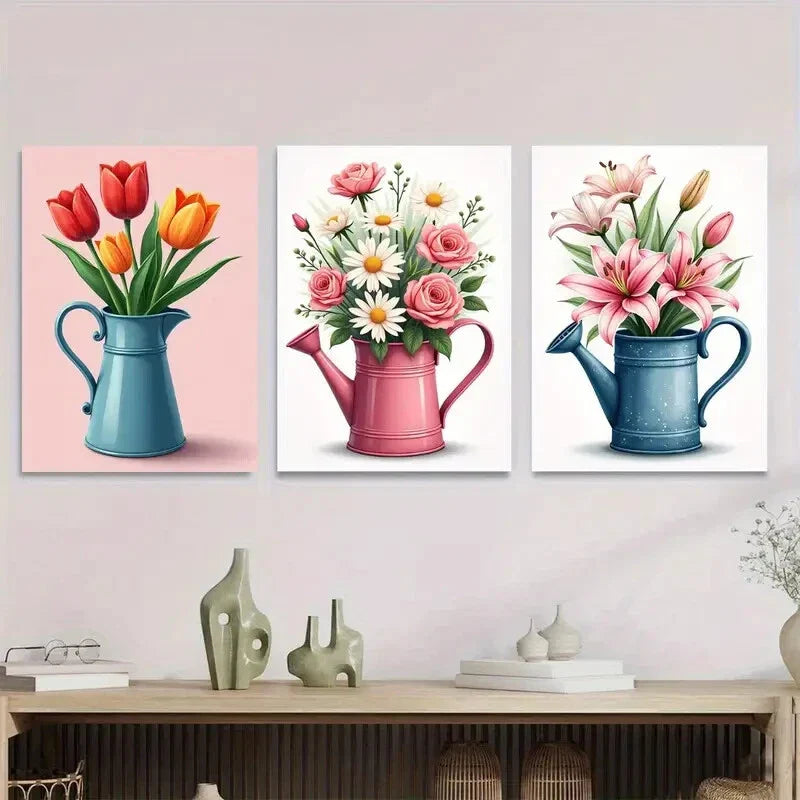 3pcs Colorful Floral Bouquets in Watering Metal Print Ready to Hang Art