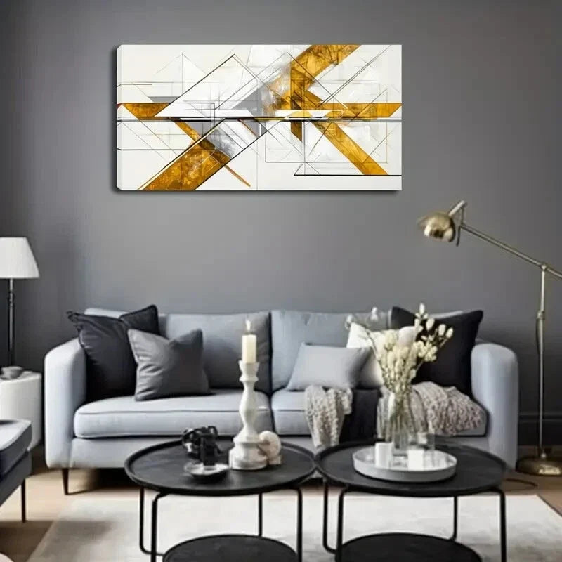 Golden & White Lines Decor Wall Art Canvas Office Home Room Framed 120x60cm