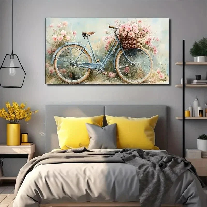 Flowers In The Bicycle Basket Wall Art Canvas Office Home Room Framed 80x45cm
