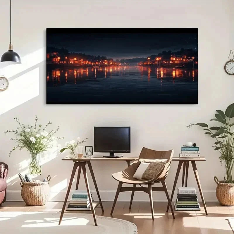 River Lights Reflection Modern Wall Art Canvas Office Home Room Framed 120x60cm