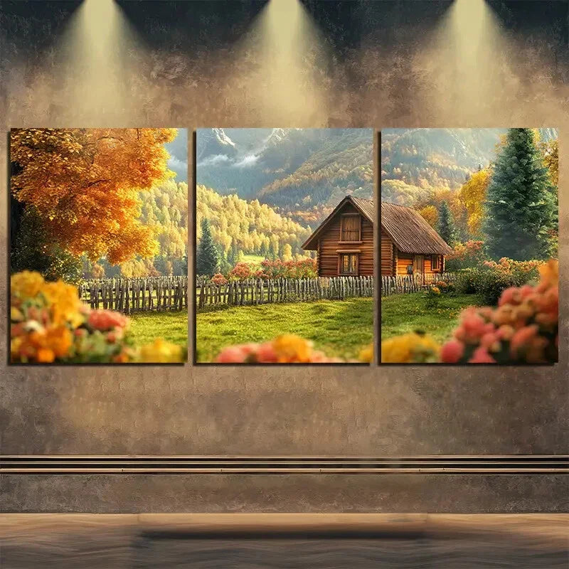 3pcs Autumn Log Cabin Landscape Perfect Wall Art Set Canvas Framed 40x60cm - High Quality Print 100% Australian Made Wall Canvas Ready to Hang