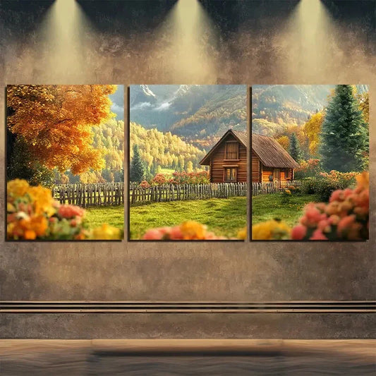 3pcs Autumn Log Cabin Landscape Perfect Wall Art Set Canvas Framed 40x60cm - High Quality Print 100% Australian Made Wall Canvas Ready to Hang