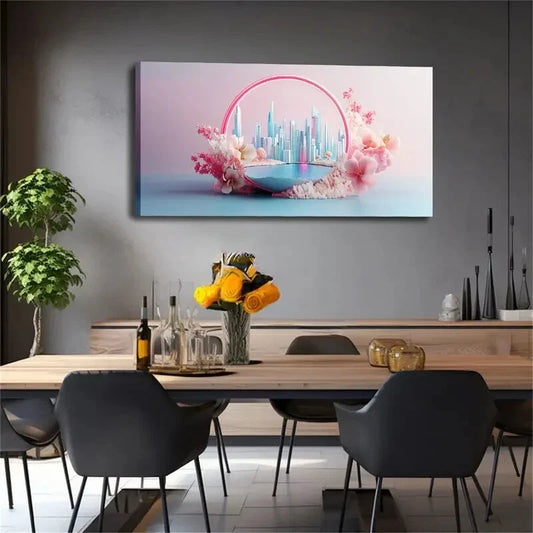 Neon Rings And Pink Flowers Wall Art canvas office home room framed 120x60cm