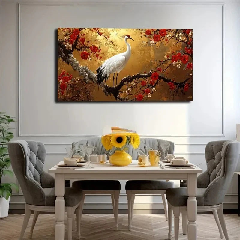 Golden Crane With Red Flowers Wall Art Canvas Office Home Room Framed 120x60cm