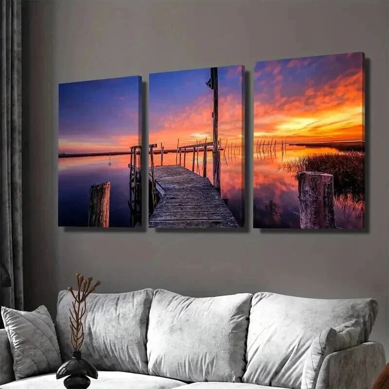 3pcs Sunset Dock Triptych Paintings Wall Art Set Canvas Framed 40x60cm - High Quality Print 100% Australian Made Wall Canvas Ready to Hang