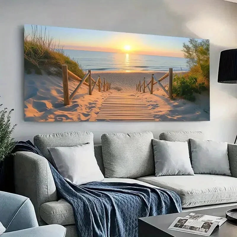Boardwalk Sunset Coastal Beach Wall Art Canvas Office Home Room Framed 120x60cm
