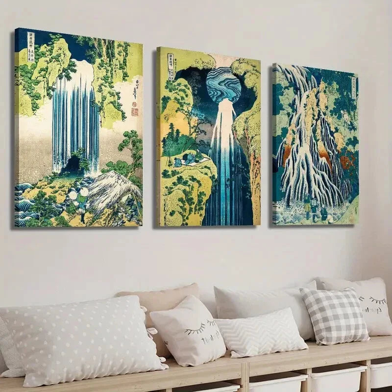 3pcs Vintage Japanese Hokusai Landscape Wall Art Set Canvas Framed 40x60cm - High Quality Print 100% Australian Made Wall Canvas Ready to Hang