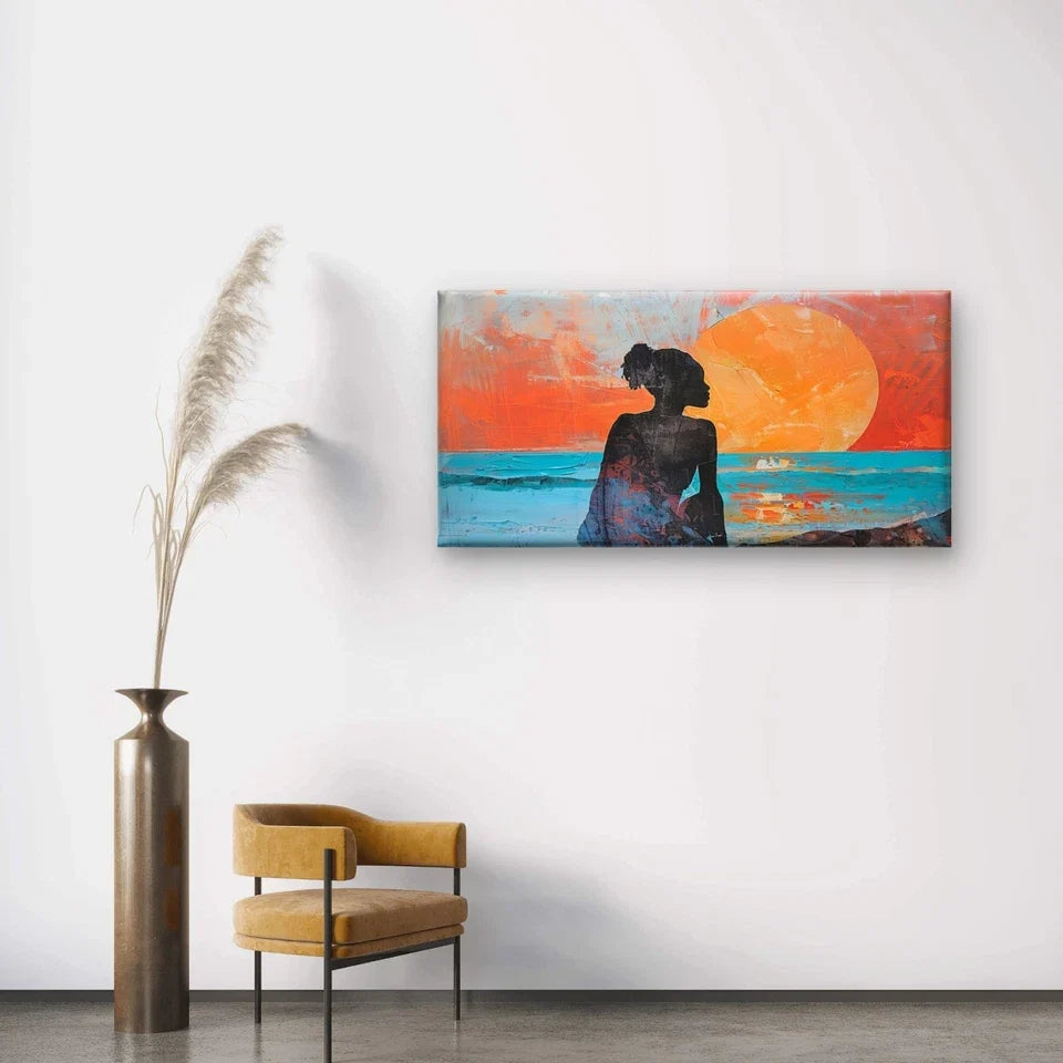 Golden Sunset Woman Silhouette Art Canvas Office Home Framed 120x60cm