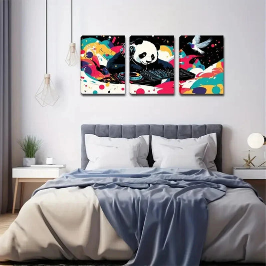 3pcs wearing headphones music genius Panda  Wall Art Set Canvas Framed 40x60cm - High Quality Print 100% Australian Made Wall Canvas Ready to Hang