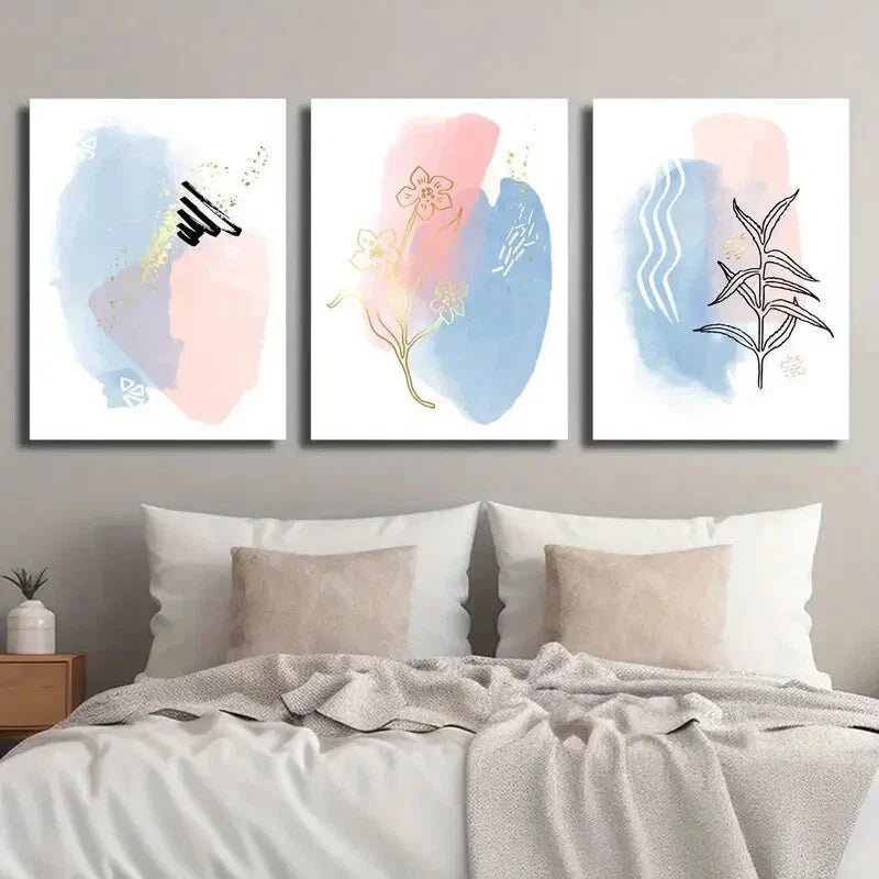3pcs Blue and Pink Simple Line Botanical Floral Wall Art Set Canvas Framed 40x60cm - High Quality Print 100% Australian Made Wall Canvas Ready to Hang