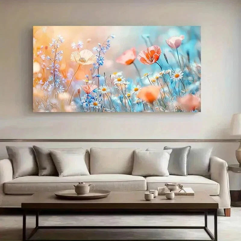 Pink Flowers in a Meadow wall canvas office home room framed 120x60cm