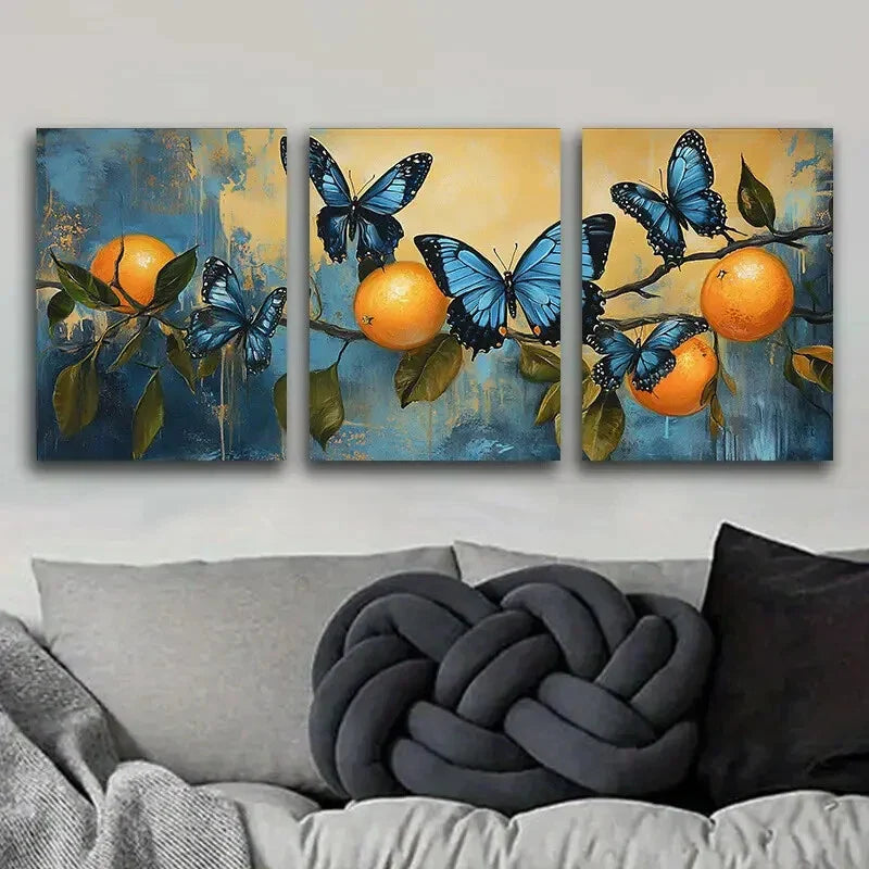 3pcs Beautiful Blue Butterflies & Orange Perfect Wall Art Set Canvas Framed 40x60cm - High Quality Print 100% Australian Made Wall Canvas Ready to Hang