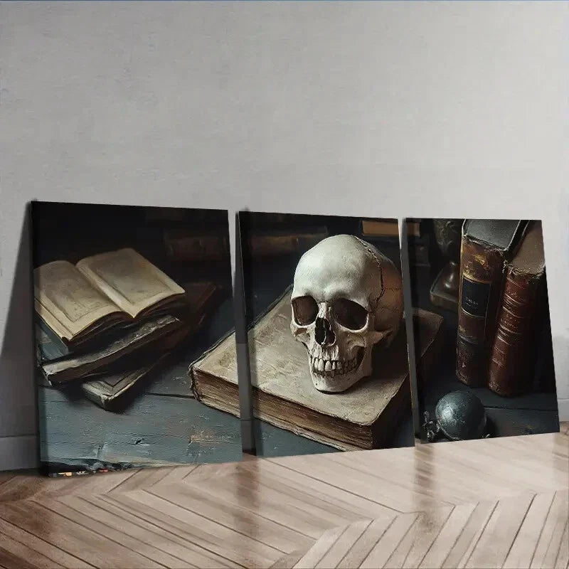 3pcs Skeletons and Books Dark Colorful Perfect Wall Art Set Canvas Framed 40x60cm - High Quality Print 100% Australian Made Wall Canvas Ready to Hang