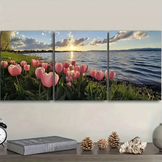3pcs Tulip Sunset Scene Sun Colorful Perfect Wall Art Set Canvas Framed 40x60cm - High Quality Print 100% Australian Made Wall Canvas Ready to Hang