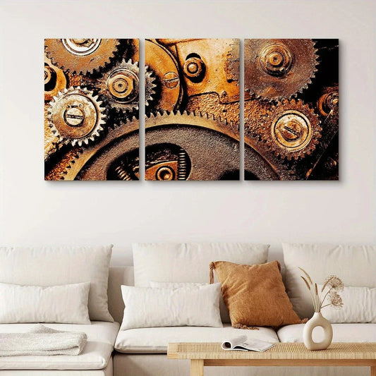 3pcs Vintage Rusted Bronze Cogs & Gears Metal Print Ready to Hang Art