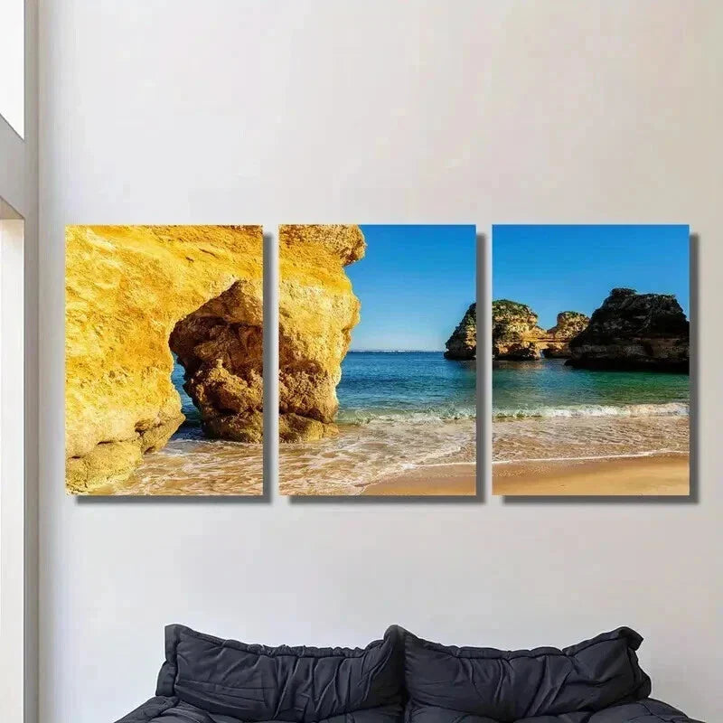 3pcs Golden Rocks and Beaches Landscape Wall Art Set Canvas Framed 40x60cm - High Quality Print 100% Australian Made Wall Canvas Ready to Hang