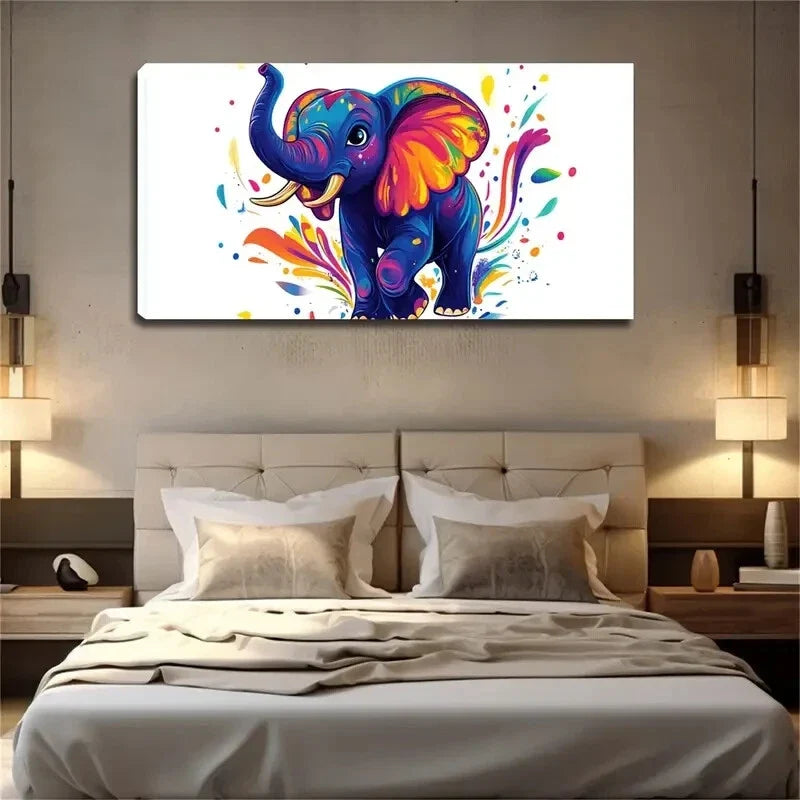 Blue Elephant White Background Wall Art Canvas Office Home Room Framed 120x60cm
