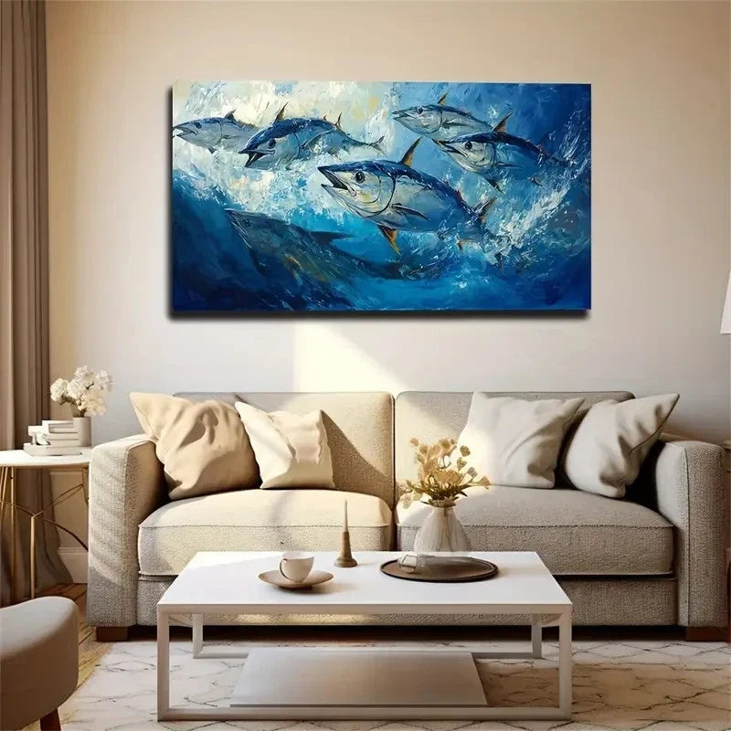Dynamic Fish School In Blue Wav Wall Art Canvas Office Home Room Framed 120x60cm