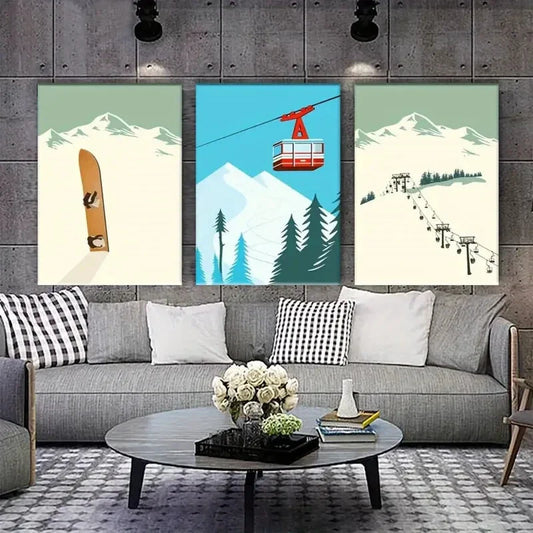 3pcs Cartoon Snow Mountains and Skiing Metal Print Ready to Hang Art