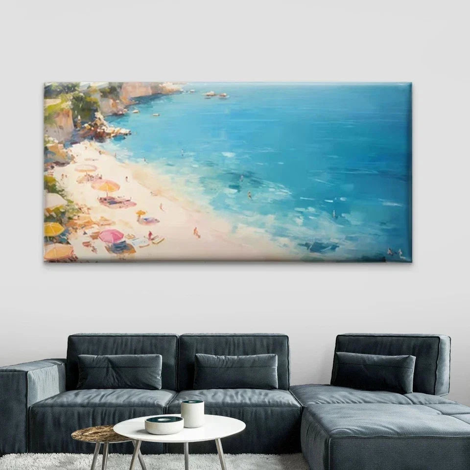 Golden Tropical Beach &Umbrella Wall Art Canvas Office Home Room Framed 80x45cm