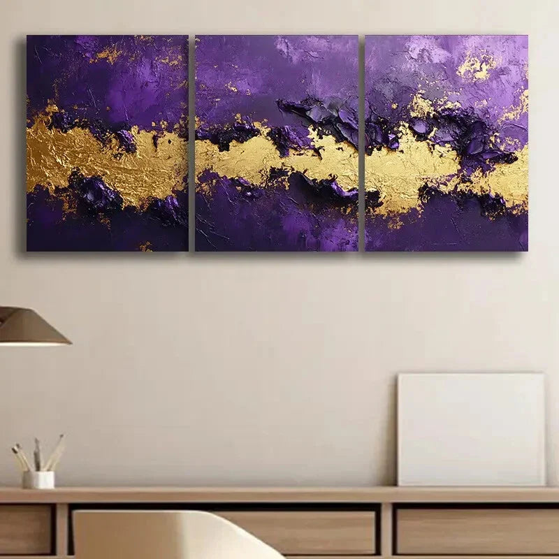 3pcs Purple and Golden Abstract Design Perfect Wall Art Set Canvas Framed 40x60cm - High Quality Print 100% Australian Made Wall Canvas Ready to Hang