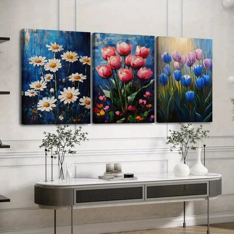 3pcs Exquisite And Charming Floral Blue Red Sun Wall Art Set Canvas Framed 40x60cm - High Quality Print 100% Australian Made Wall Canvas Ready to Hang