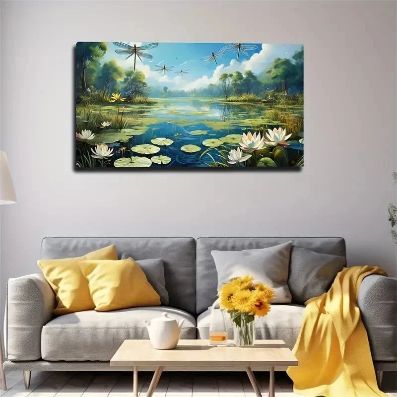 Dragonfly Above For Lotus Wall Art Canvas Office Home Room Framed 80x45cm
