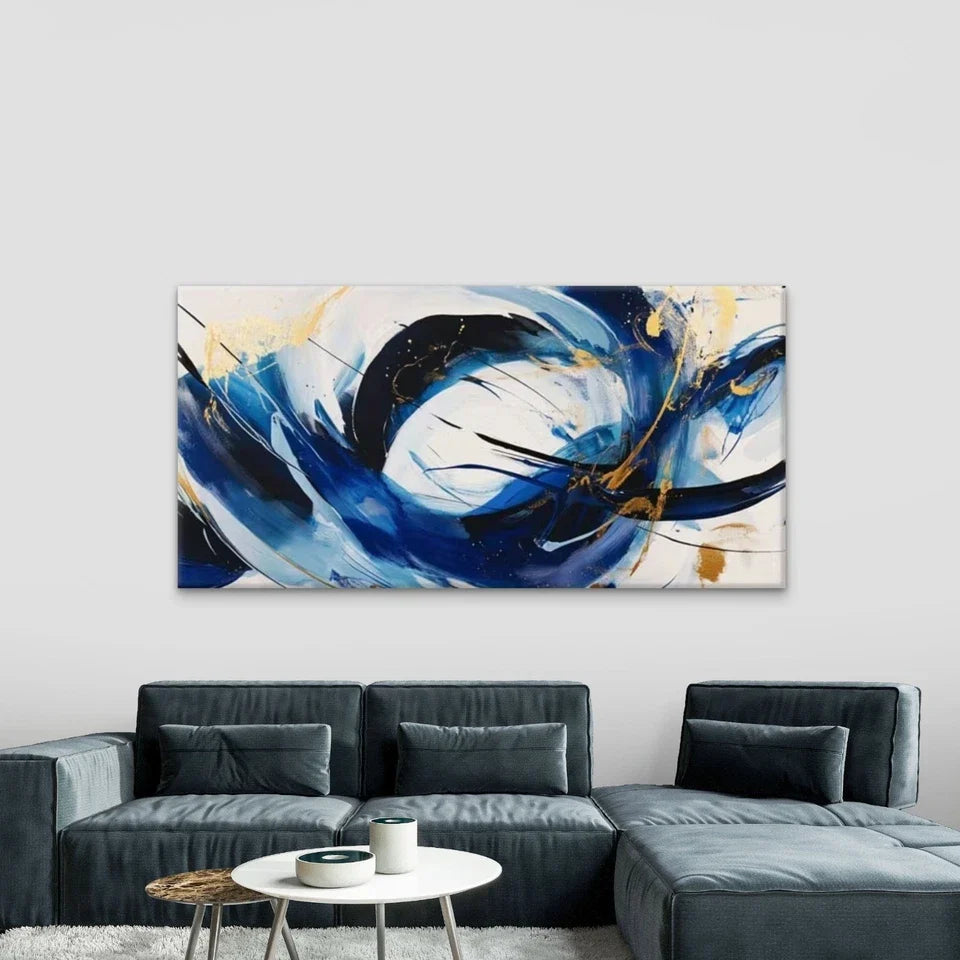 Blue White &Golden Swirl Design Wall Art Canvas Office Home Room Framed 80x45cm