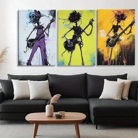 3pcs Funky Guitarist Skeleton Music Perfect Wall Art Set Canvas Framed 40x60cm - High Quality Print 100% Australian Made Wall Canvas Ready to Hang