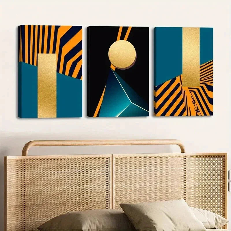 3pcs Geometric Orange & Golden Abstract Designs Wall Art Set Canvas Framed 40x60cm - High Quality Print 100% Australian Made Wall Canvas Ready to Hang