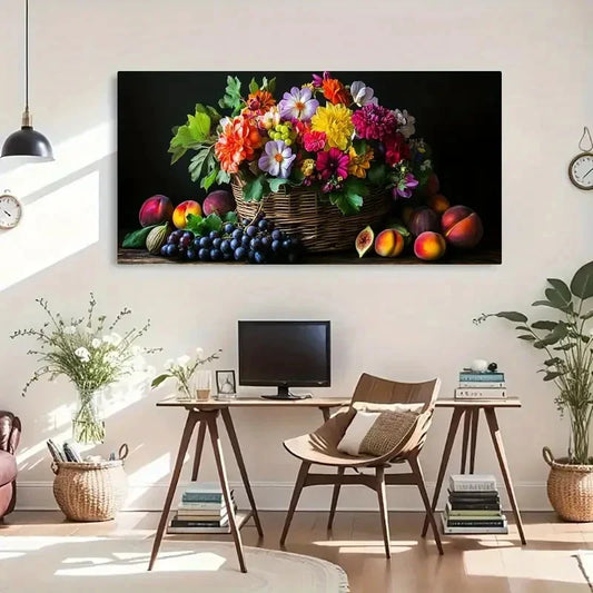 Vibrant Basket Flowers & Grapes Wall Art Canvas Office Home Room Framed 120x60cm
