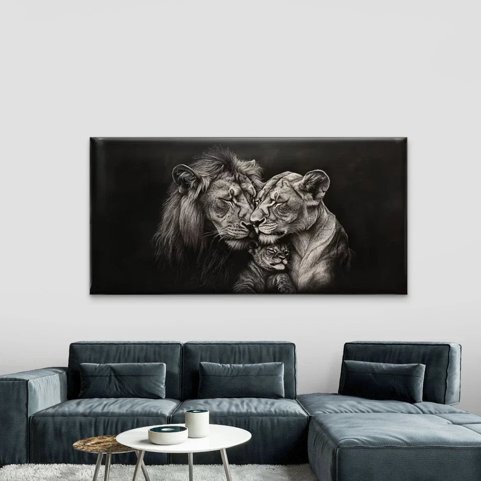 Black & White Lion Family Wall Art Canvas Office Home Room Framed 80x45cm