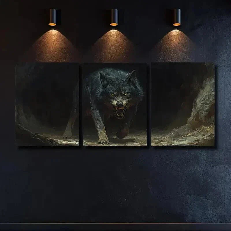 3pcs Glowing Yellow Eyes Wolf Mural Wall Art Set Canvas Framed 40x60cm - High Quality Print 100% Australian Made Wall Canvas Ready to Hang