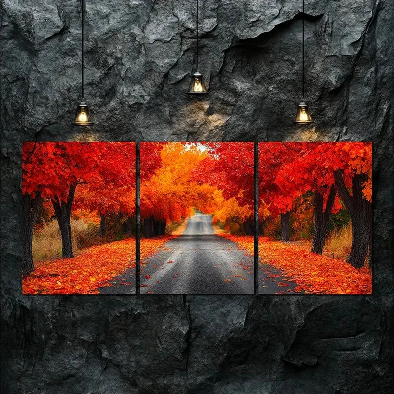 3pcs Vibrant Autumn Forest Road Nature Perfect Wall Art Set Canvas Framed 40x60cm - High Quality Print 100% Australian Made Wall Canvas Ready to Hang