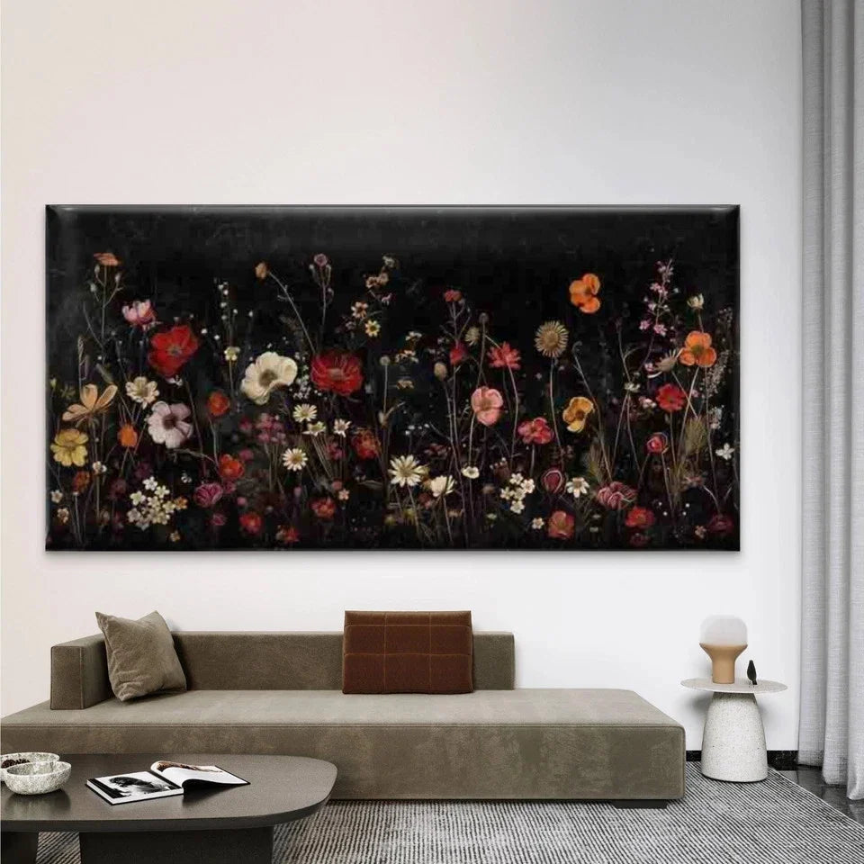 Modern Wildflowers on Black Wall Art Canvas Office Home Room Framed 120x60cm