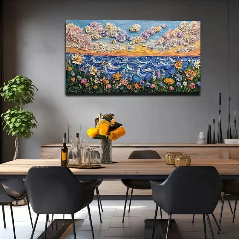 Vibrant Flowers & Sunset Sky Wall Art Canvas Office Home Room Framed 120x60cm
