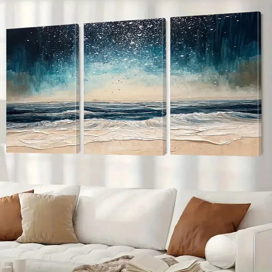 3pcs Abstract Night Beach Waves Classic Wall Art Set Canvas Framed 40x60cm - High Quality Print 100% Australian Made Wall Canvas Ready to Hang