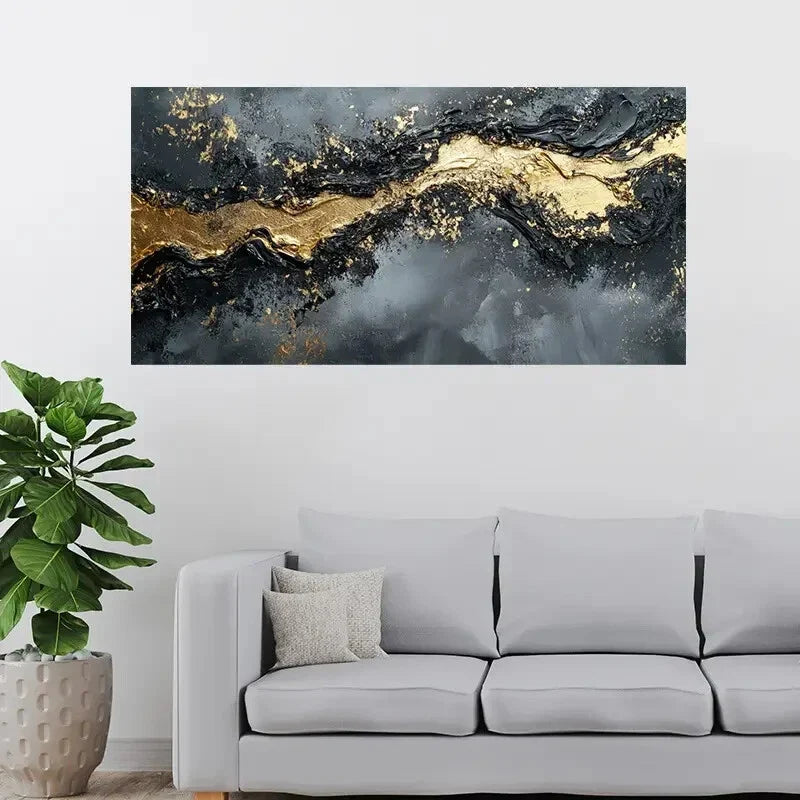 Black and Golden Abstract Fluid Wall Art Canvas Office Home Room Framed 120x60cm