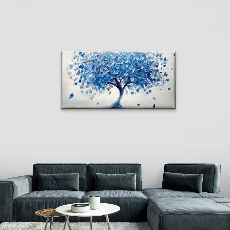 Blue White Tree Abstract Wall Art Canvas Office Home Room Framed 80x45cm