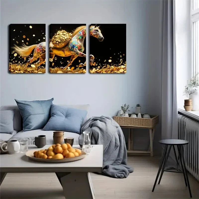 3pcs Walking Horse in Golden Coins Abstract Wall Art Set Canvas Framed 40x60cm - High Quality Print 100% Australian Made Wall Canvas Ready to Hang