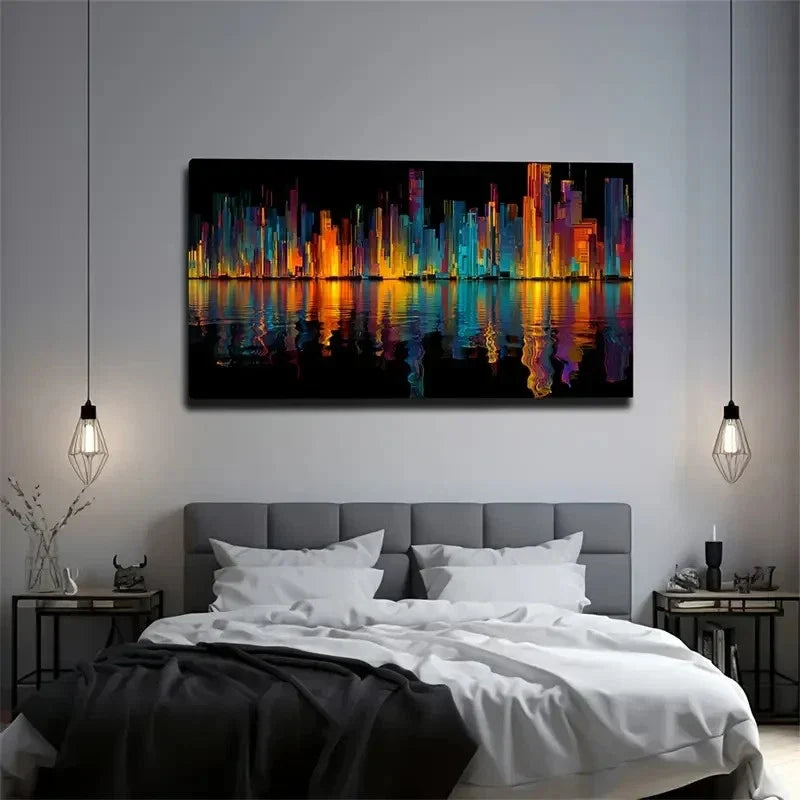 Abstract City Skyline Neon Wall Art Canvas Office Home Room Framed 80x45cm