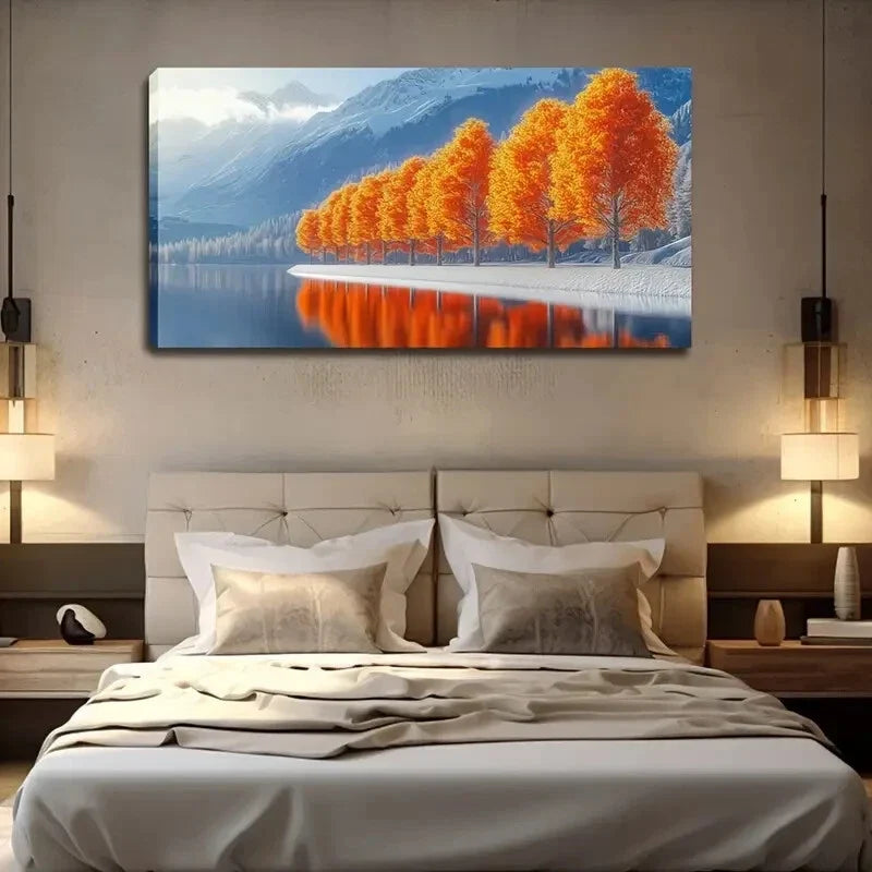 Serene Orange Trees Lake Décor Wall Art Canvas Office Home Room Framed 120x60cm