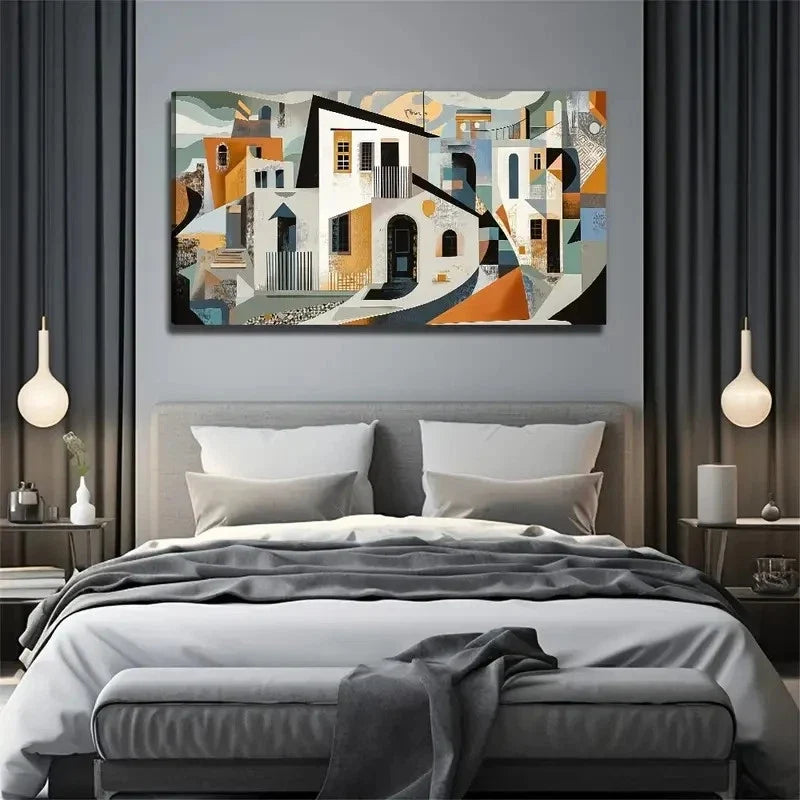 Abstract Cubist Cityscape Wall Art Canvas Office Home Room Framed 120x60cm