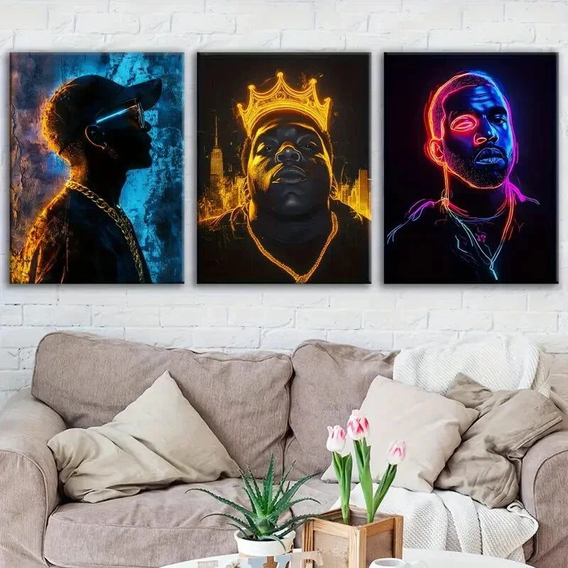 3pcs Neon Styled Rappers Painting Decoration Wall Art Set Canvas Framed 40x60cm - High Quality Print 100% Australian Made Wall Canvas Ready to Hang