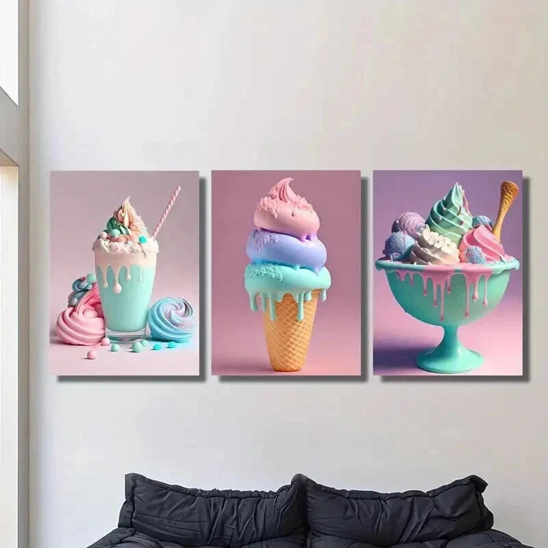 3pcs Vibrant Colorful Ice Cream Dessert Wall Art Set Canvas Framed 40x60cm - High Quality Print 100% Australian Made Wall Canvas Ready to Hang