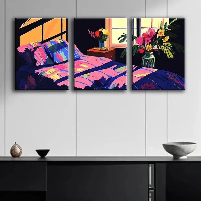 3pcs Illustration of Bedroom with Window Wall Art Set Canvas Framed 40x60cm - High Quality Print 100% Australian Made Wall Canvas Ready to Hang