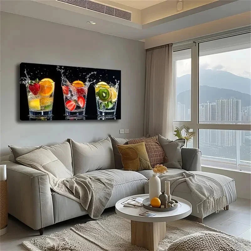 Splashing Water Fruits Cups Wall Art Canvas Office Home Room Framed 120x60cm