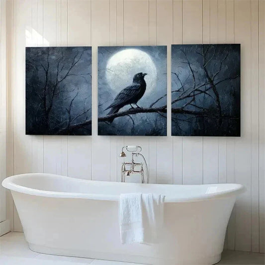 3pcs Mysterious Raven and Moon Night Perfect Wall Art Set Canvas Framed 40x60cm - High Quality Print 100% Australian Made Wall Canvas Ready to Hang